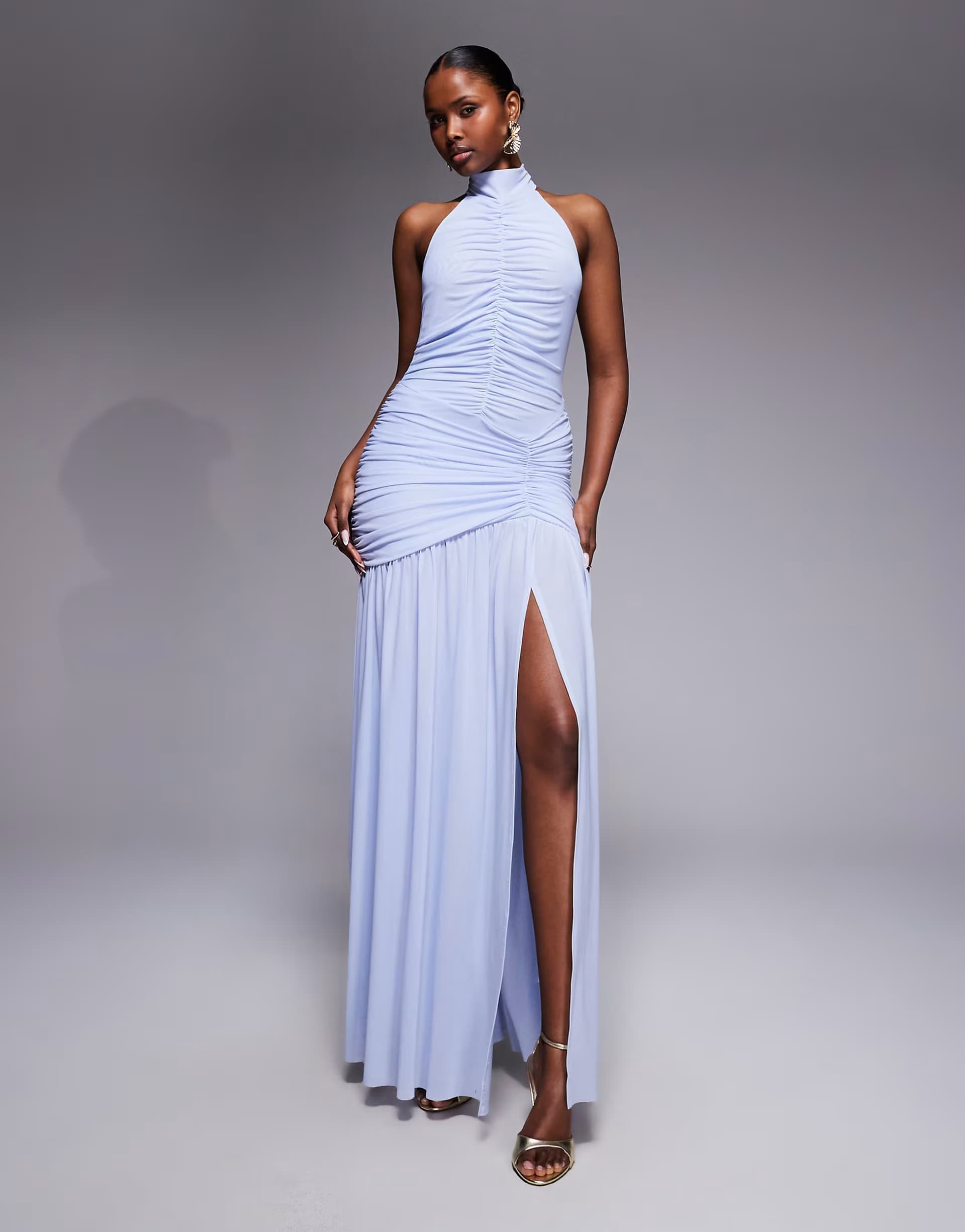 ASOS Ruched & Ready sculpting ruched body drape hem open slit maxi dress in soft blue