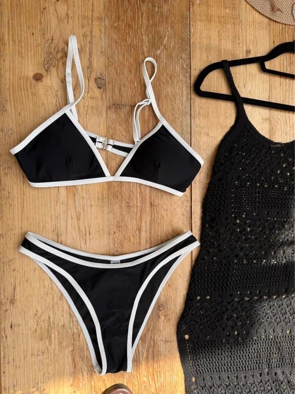 Shein Two tone high waisted old man new minimalist style bikini set with beach cover up dress