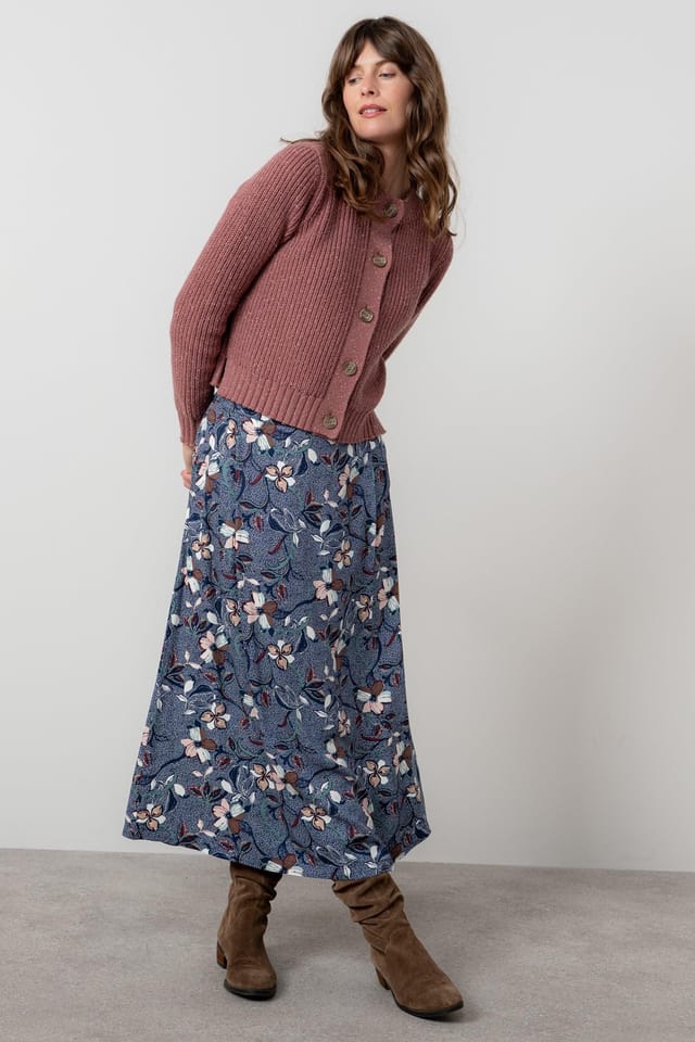 Lily & Me Lily & Me Women's Alice Printed Viscose Long Length Skirt with Seersucker Effect Fabric in Navy - 3