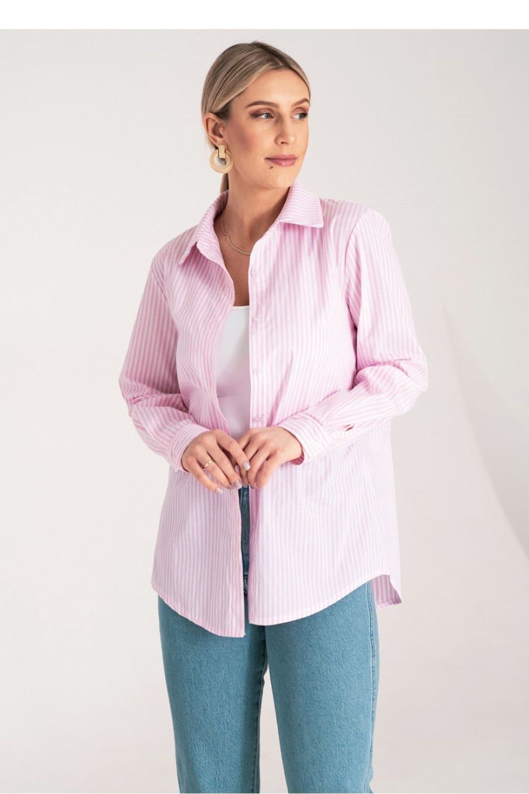 Love Lace Love Lace Women's Classic Vertical Stripe Button Up Shirt in Pink