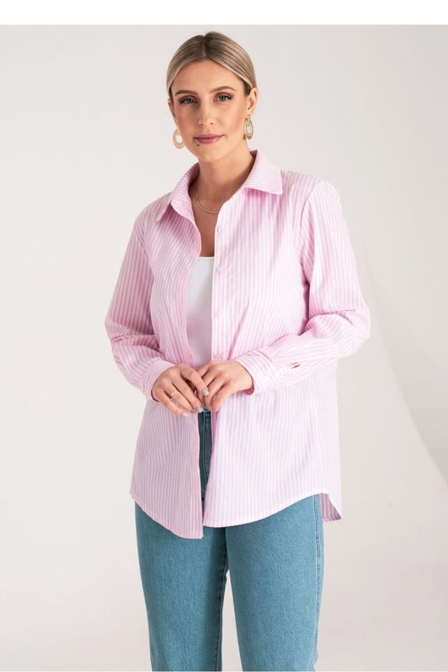 Love Lace Love Lace Women's Classic Vertical Stripe Button Up Shirt in Pink - 2