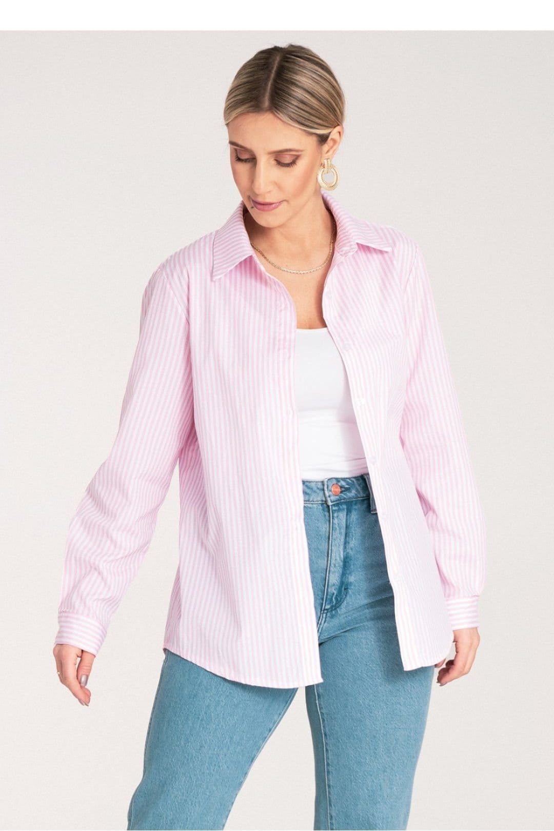 Love Lace Love Lace Women's Classic Vertical Stripe Button Up Shirt in Pink - 4