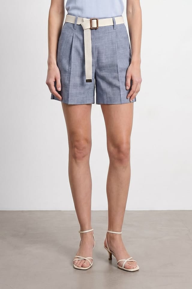 Dilvin Dilvin Women's Belted High-waist Tailored Shorts in Pale Blue - 3