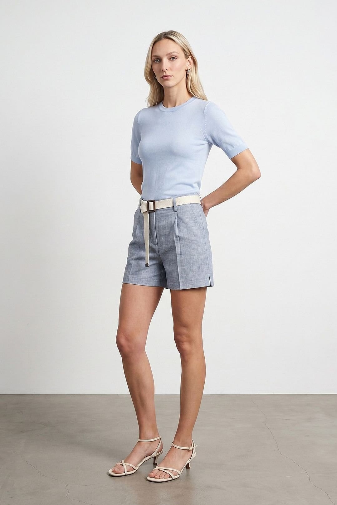 Dilvin Dilvin Women's Belted High-waist Tailored Shorts in Pale Blue - 4