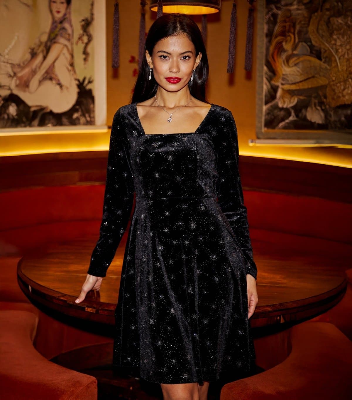 Yumi Women's Black Star Foil Long Sleeve Mini Dress Yumi New Look