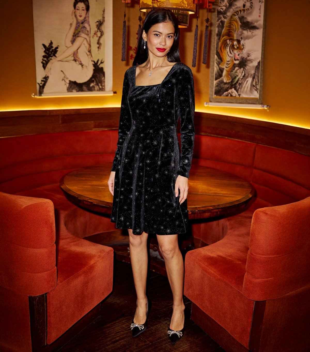 Yumi Women's Black Star Foil Long Sleeve Mini Dress Yumi New Look - 2