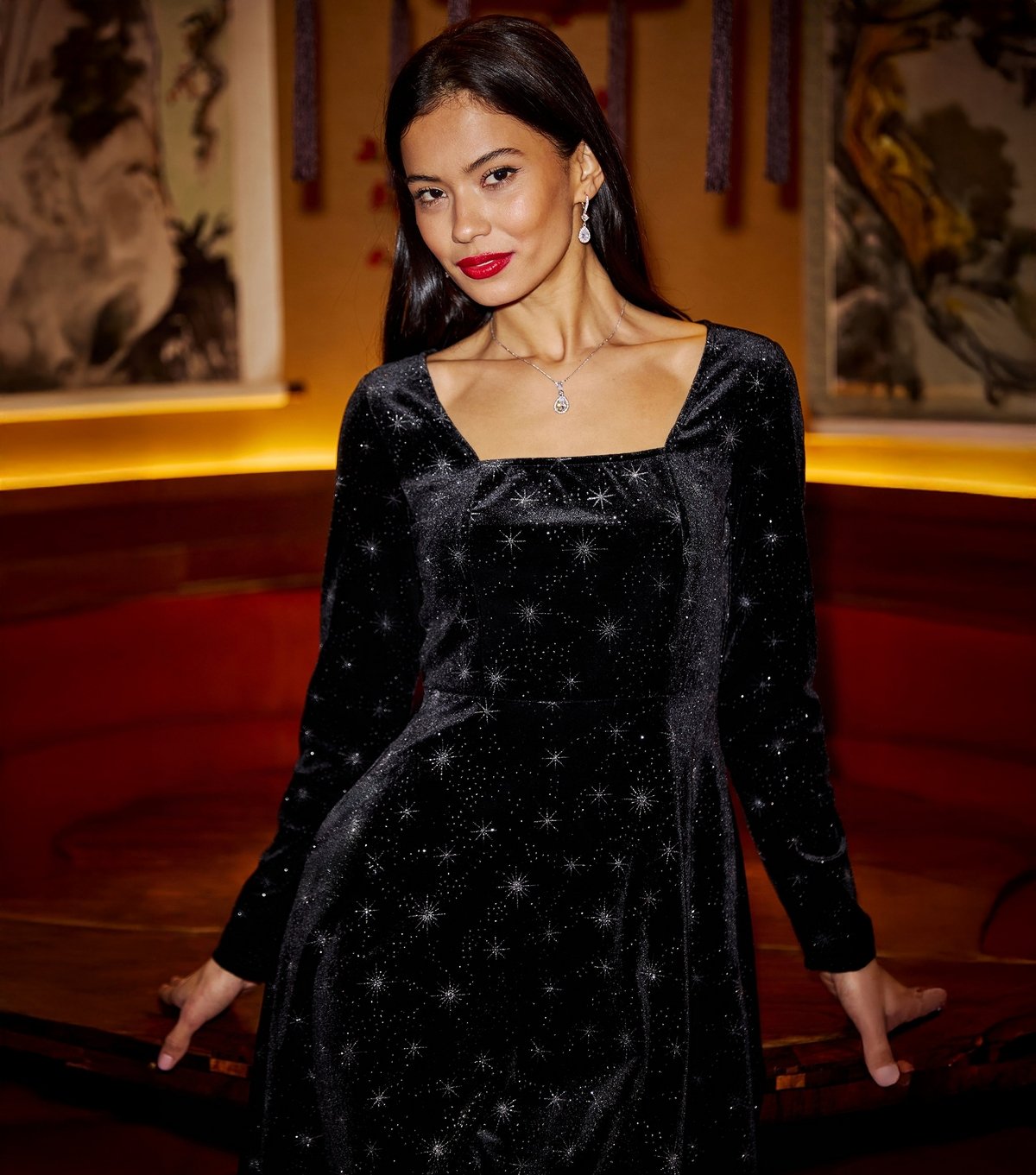 Yumi Women's Black Star Foil Long Sleeve Mini Dress Yumi New Look - 3