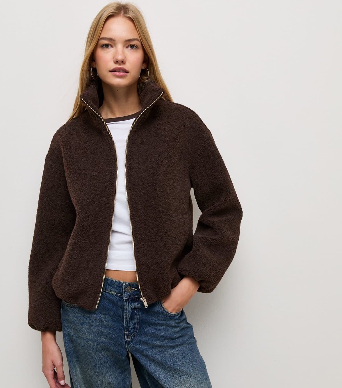 New Look Women's Dark Brown Borg Texture Zip Front Jacket New Look