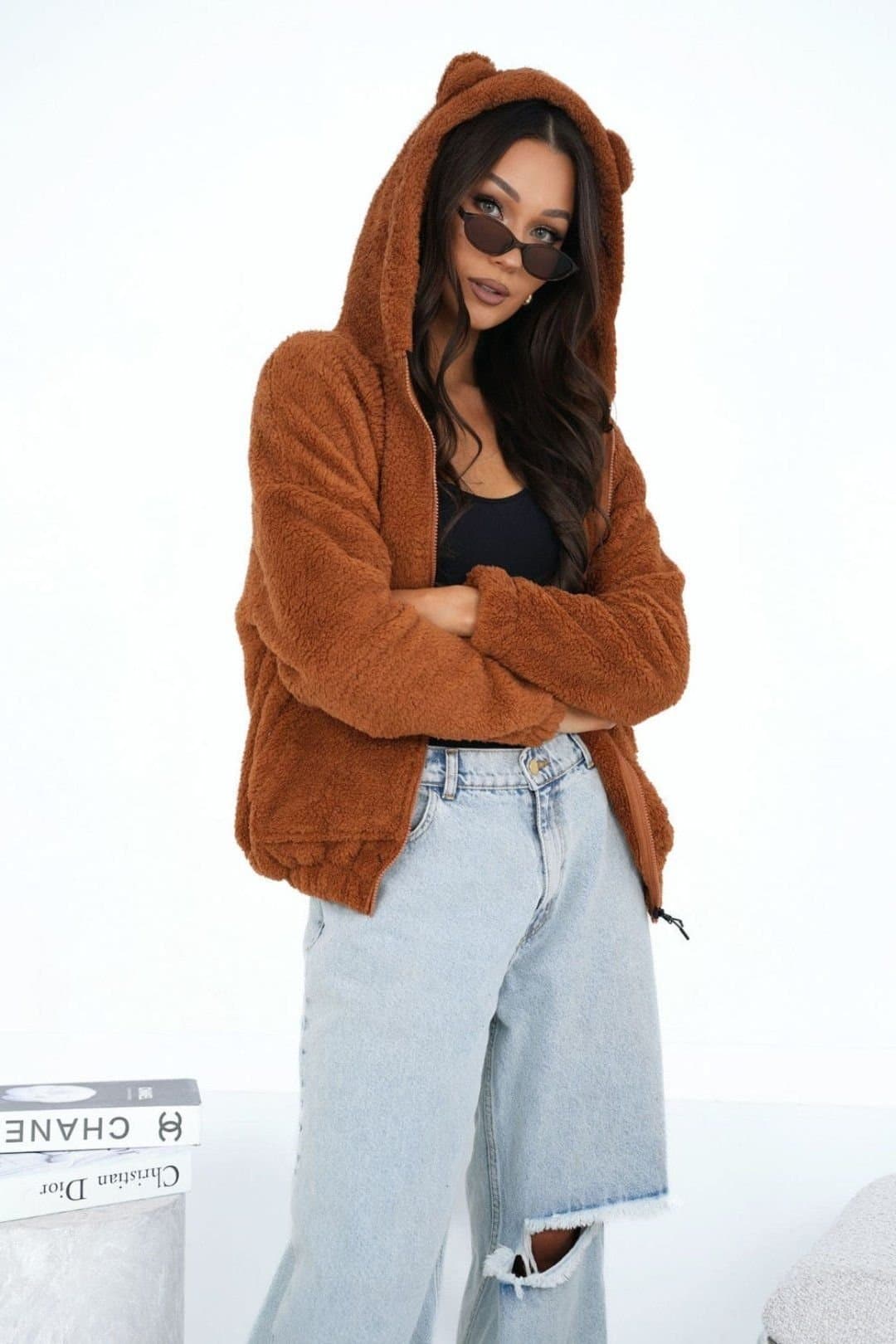 Love Lace Love Lace Women's Soft Teddy Zip Hooded Sweatshirt With Pockets in Brown