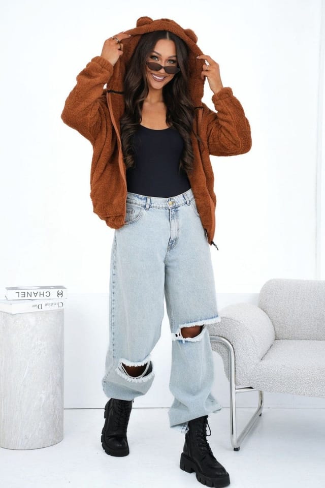 Love Lace Love Lace Women's Soft Teddy Zip Hooded Sweatshirt With Pockets in Brown - 2