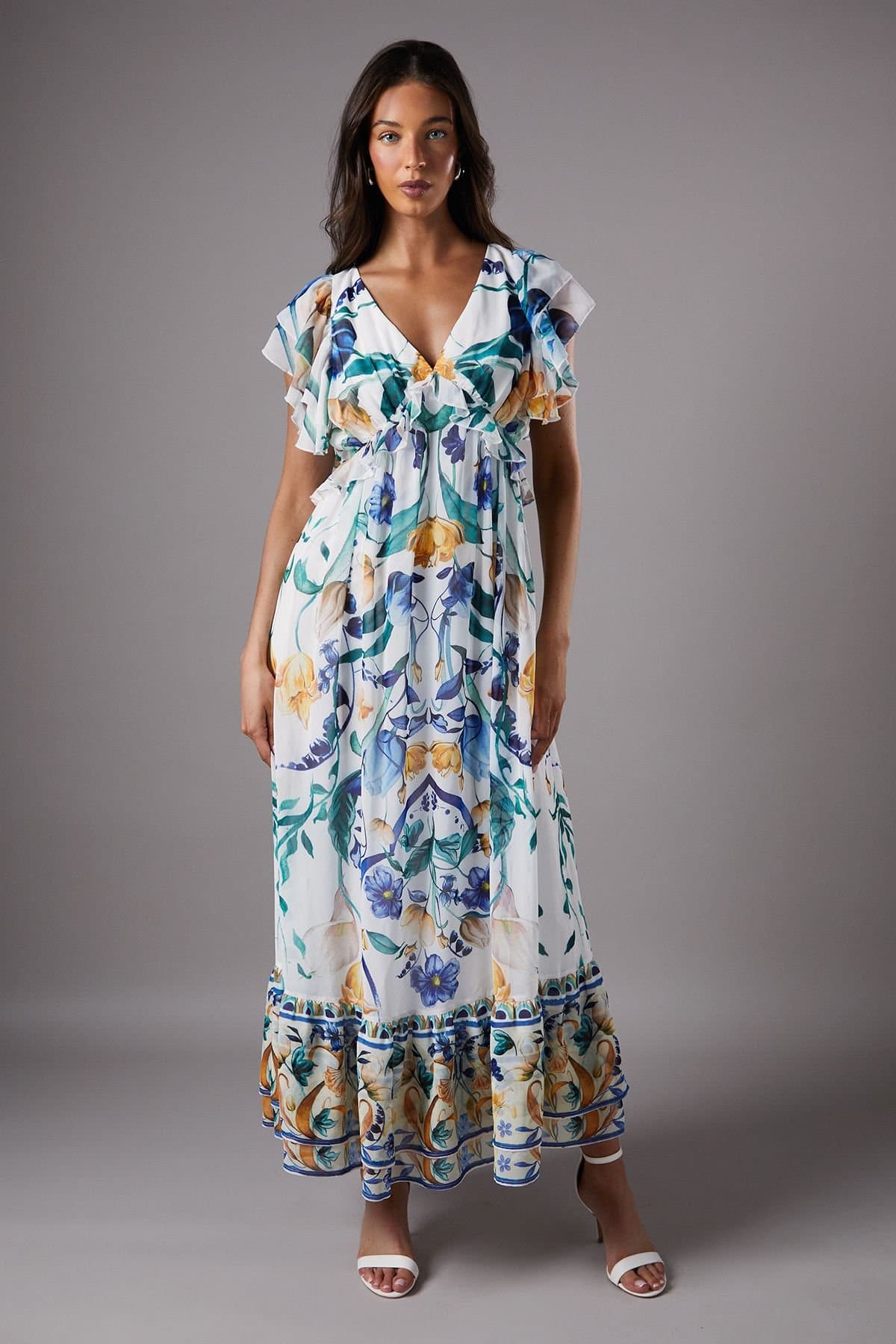 Coast Coast Women's Sleeveless Chiffon Maxi Dress With Pleat Detail & Frill Sleeve in White