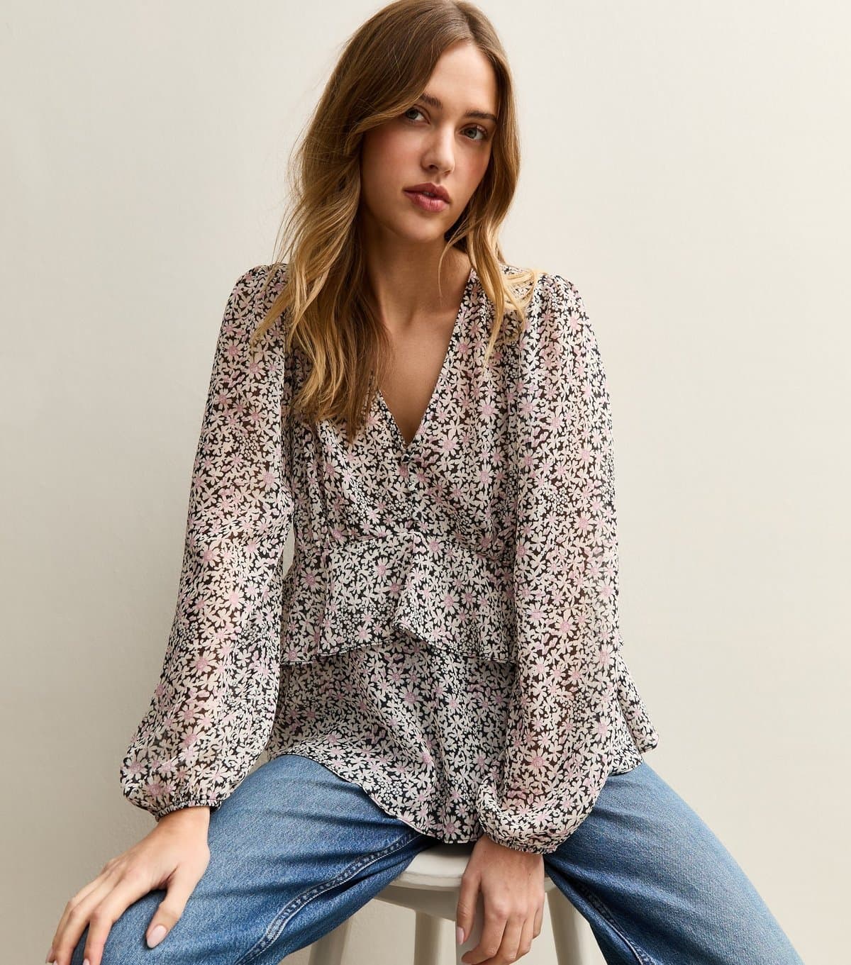 New Look Women's Pink Daisy V- Neck Sheer Chiffon Tea Blouse New Look