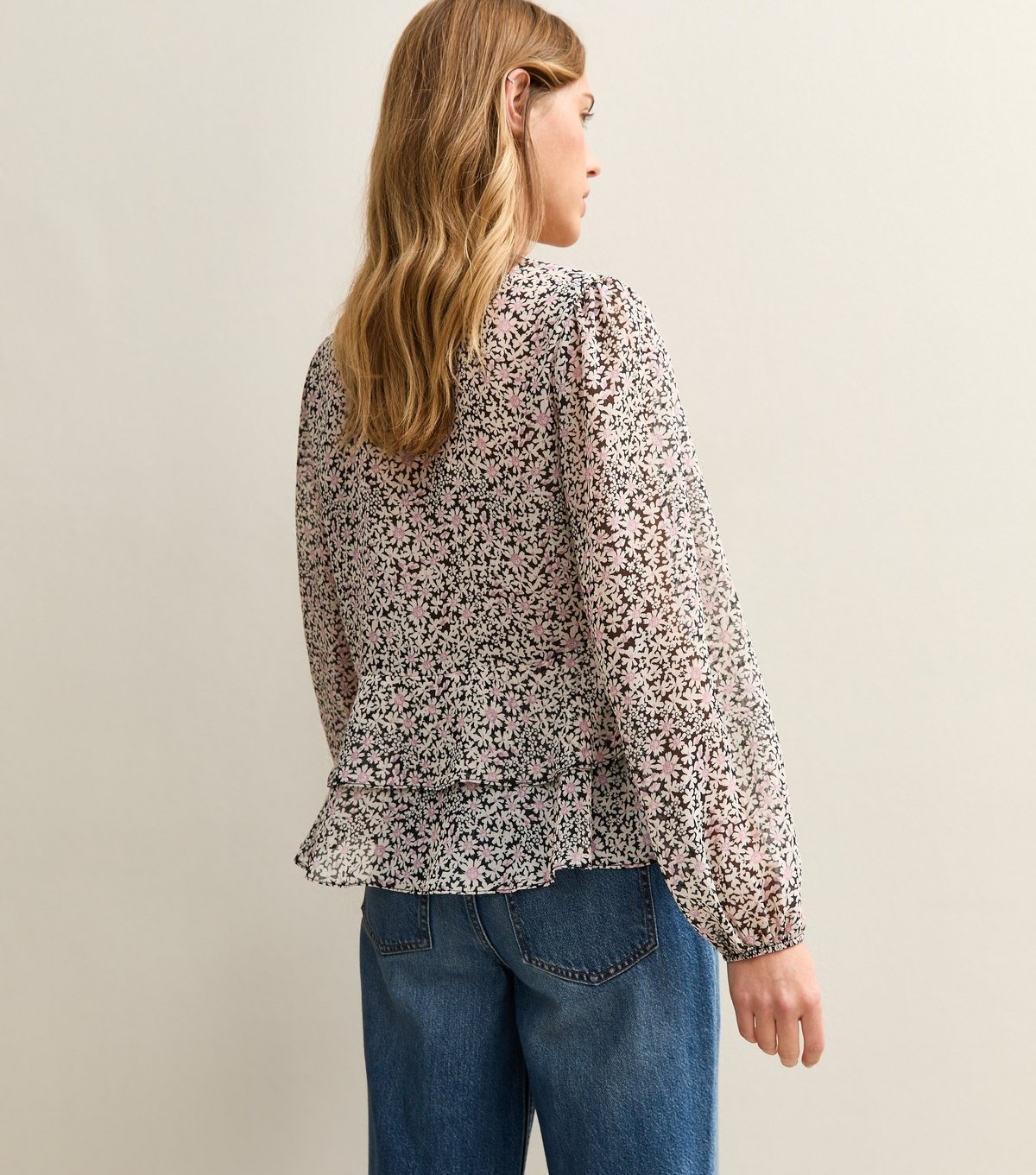 New Look Women's Pink Daisy V- Neck Sheer Chiffon Tea Blouse New Look - 4