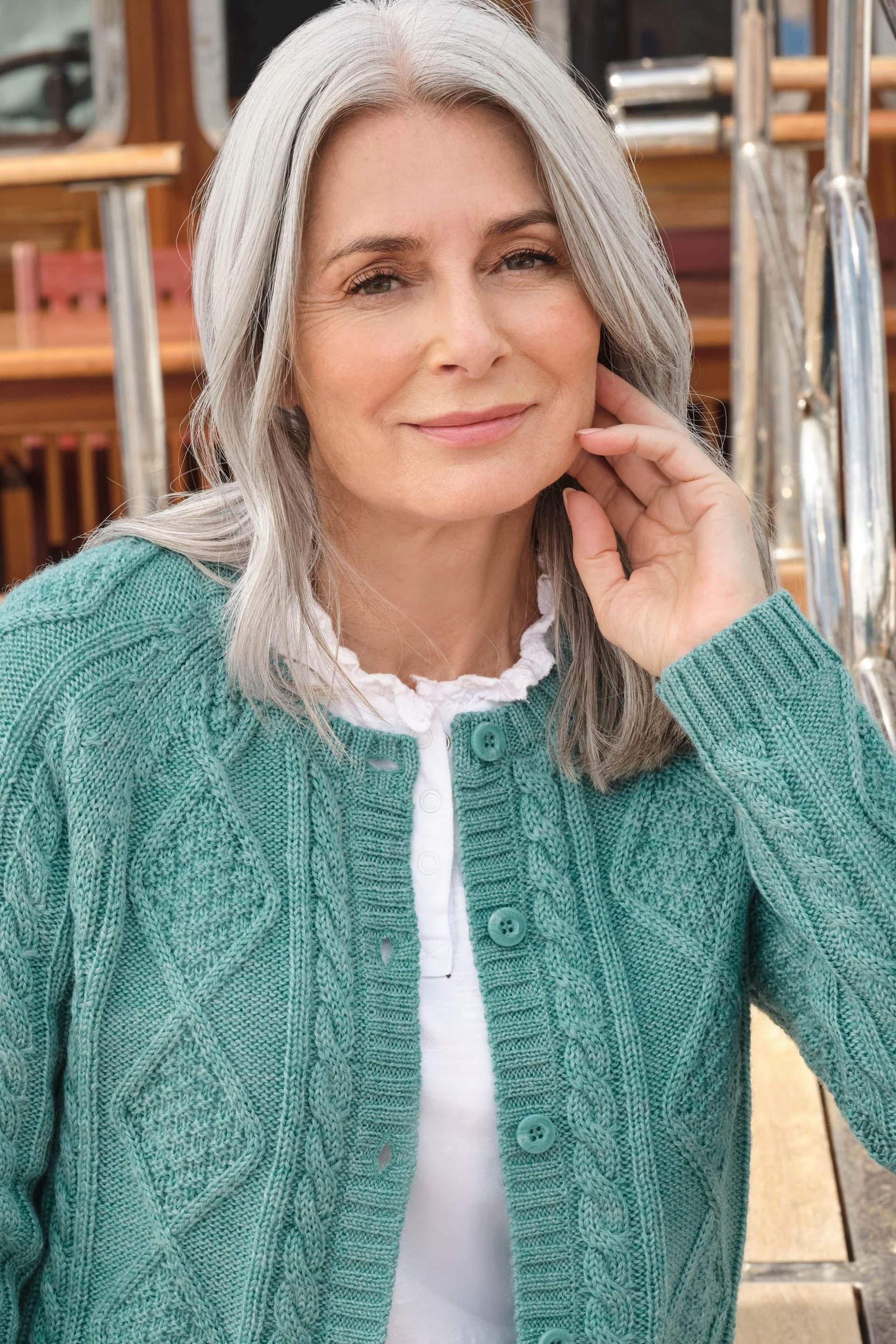 WoolOvers WoolOvers Women's Cable Button Cardigan in Green