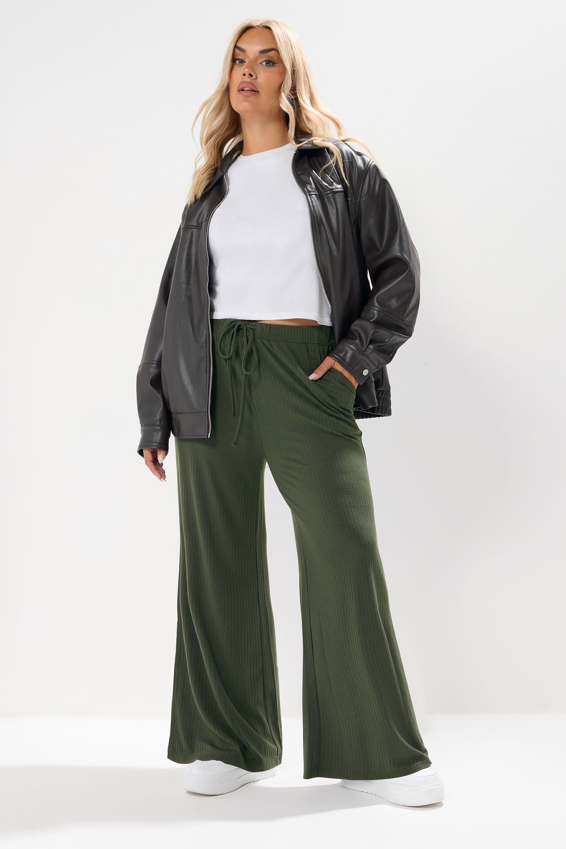 Yours Plus Size Forest Green Ribbed Wide Leg Trousers