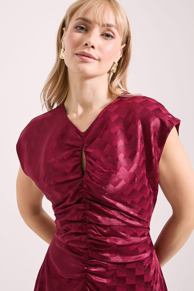 Principles Principles Women's Ruched Front Satin Jacquard Keyhole Detail Midi Dress in Berry - 2