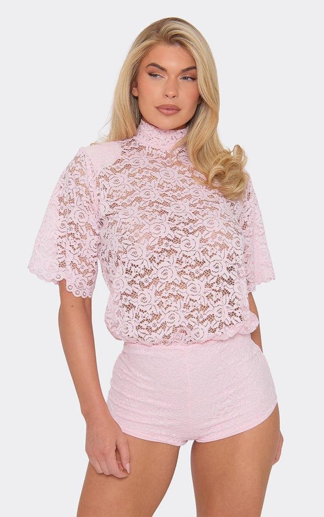 EGO High Neck Short Sleeve Sheer Lace Micro Playsuit In Baby Pink, Women's Size UK 6 - 2