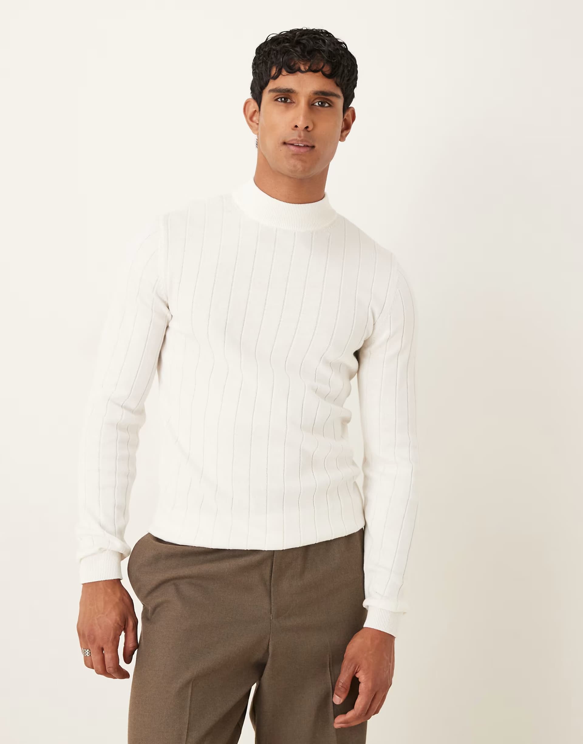 ASOS ASOS DESIGN muscle fit long sleeve knitted rib turtle neck t-shirt in off white