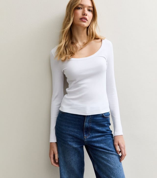 New Look Women's White Scoop Neck Long Sleeve Ribbed Top New Look - 2