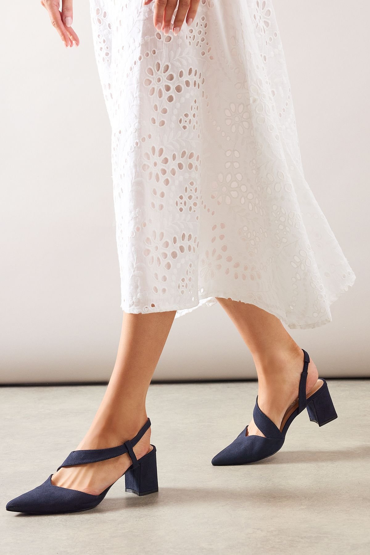 Wallis Wallis Women's Wide Fit Eve Asymmetric Strap Block Heel Pointed Court Shoes in Navy - 3