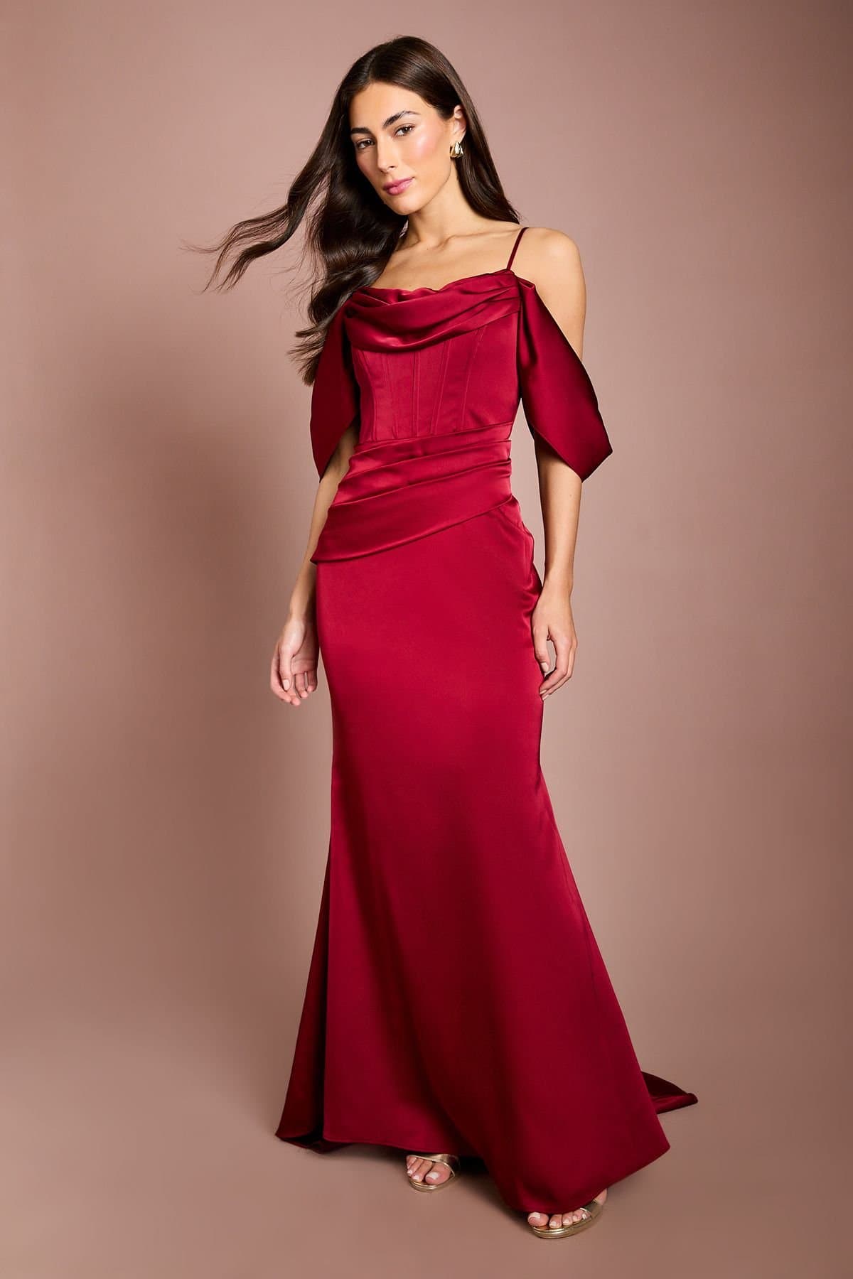Coast Coast Women's Cowl Neck Corset Drape Satin Maxi Dress in Red