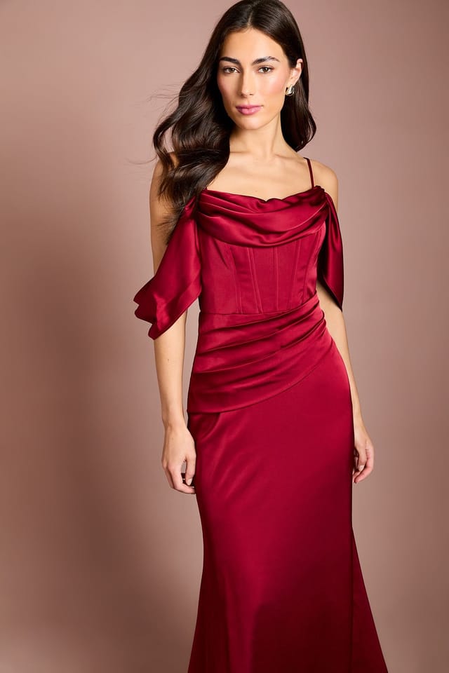 Coast Coast Women's Cowl Neck Corset Drape Satin Maxi Dress in Red - 2