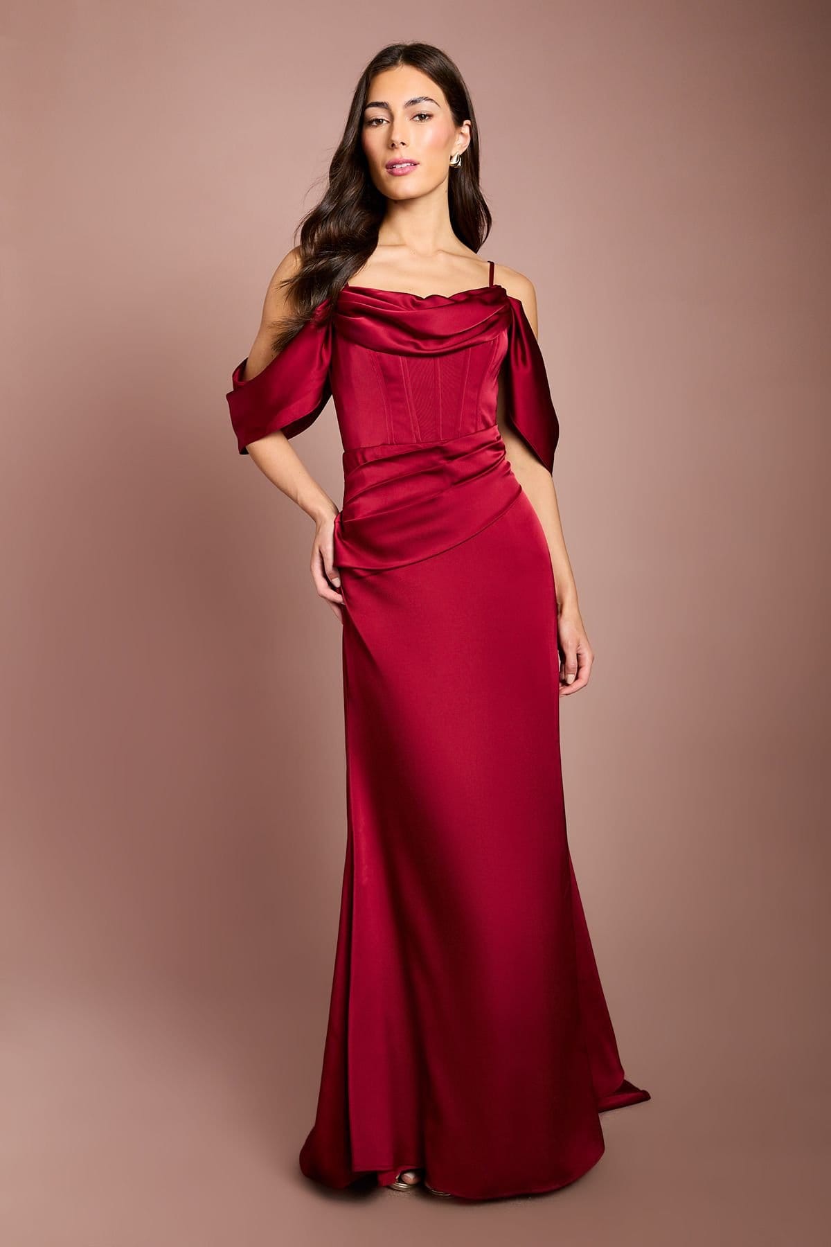 Coast Coast Women's Cowl Neck Corset Drape Satin Maxi Dress in Red - 4