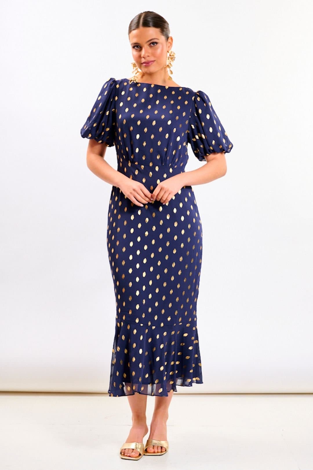 Needs No Label Needs No Label Women's Navy Chiffon Foil Puff Sleeve Midi Dress