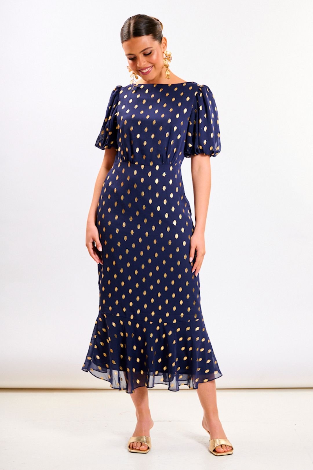 Needs No Label Needs No Label Women's Navy Chiffon Foil Puff Sleeve Midi Dress - 2