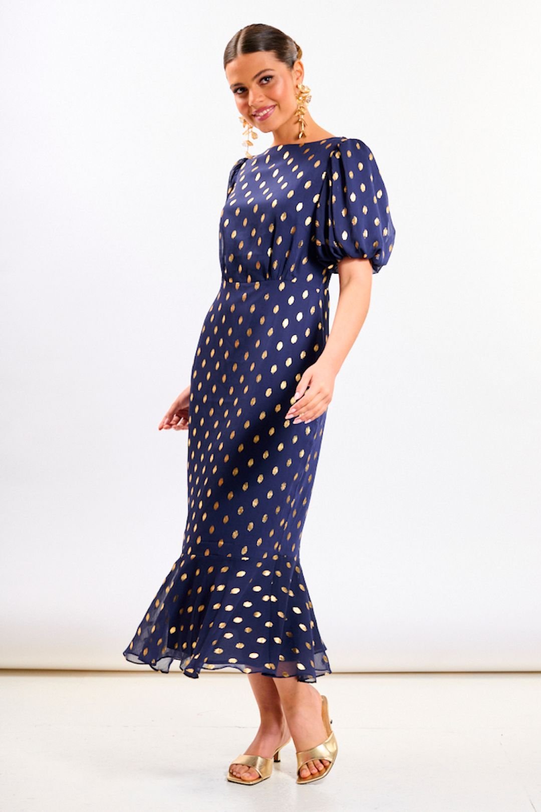 Needs No Label Needs No Label Women's Navy Chiffon Foil Puff Sleeve Midi Dress - 3