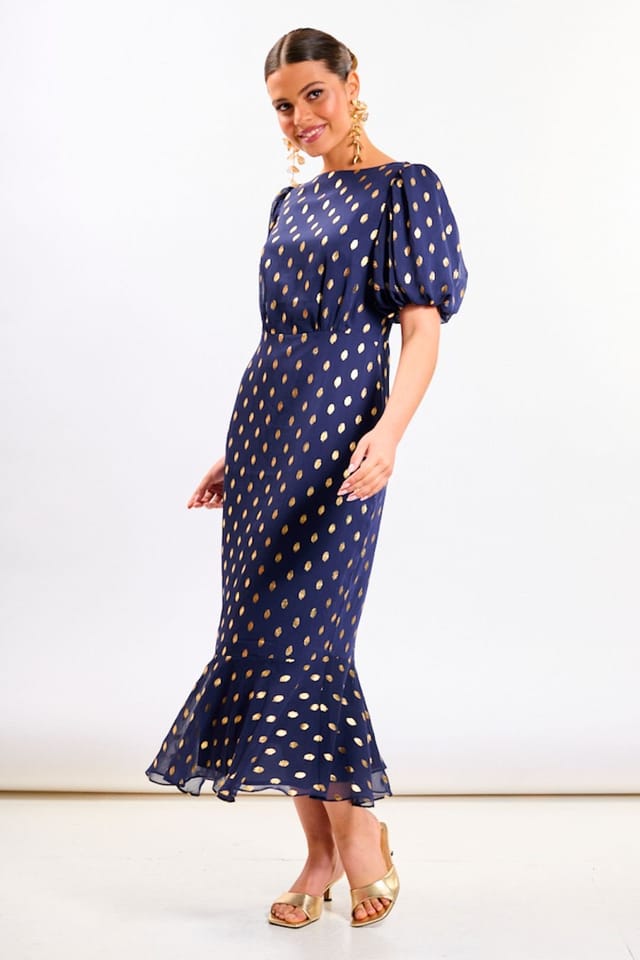Needs No Label Needs No Label Women's Navy Chiffon Foil Puff Sleeve Midi Dress - 3