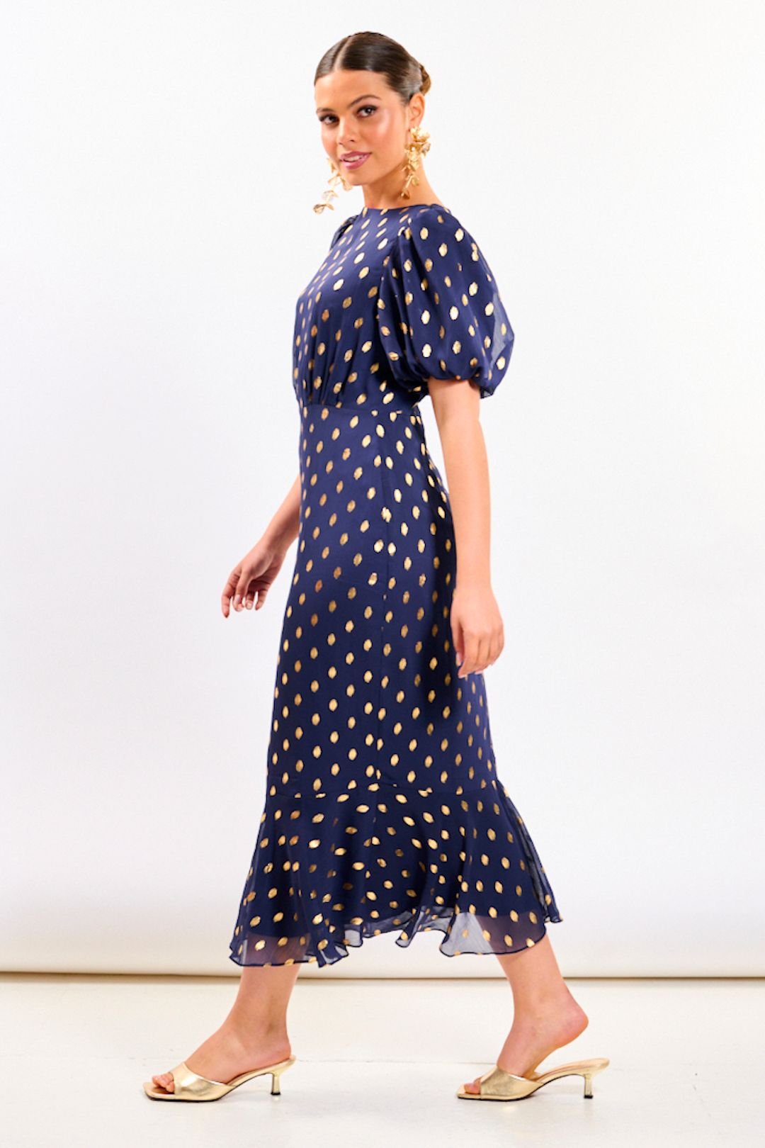 Needs No Label Needs No Label Women's Navy Chiffon Foil Puff Sleeve Midi Dress - 4