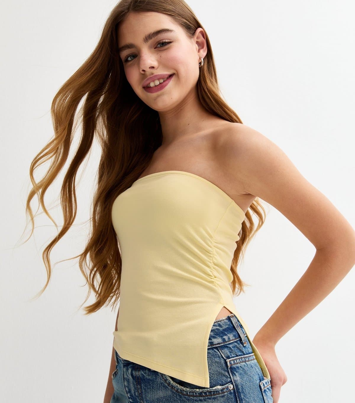 New Look Girls' Light Yellow Asymmetric Ruched Side Bandeau Top New Look