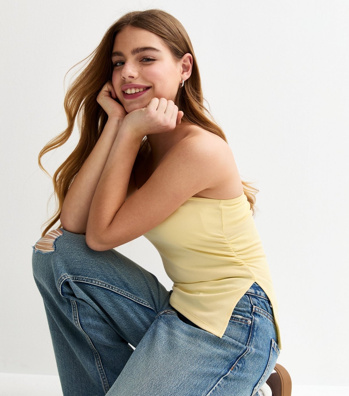 New Look Girls' Light Yellow Asymmetric Ruched Side Bandeau Top New Look - 2