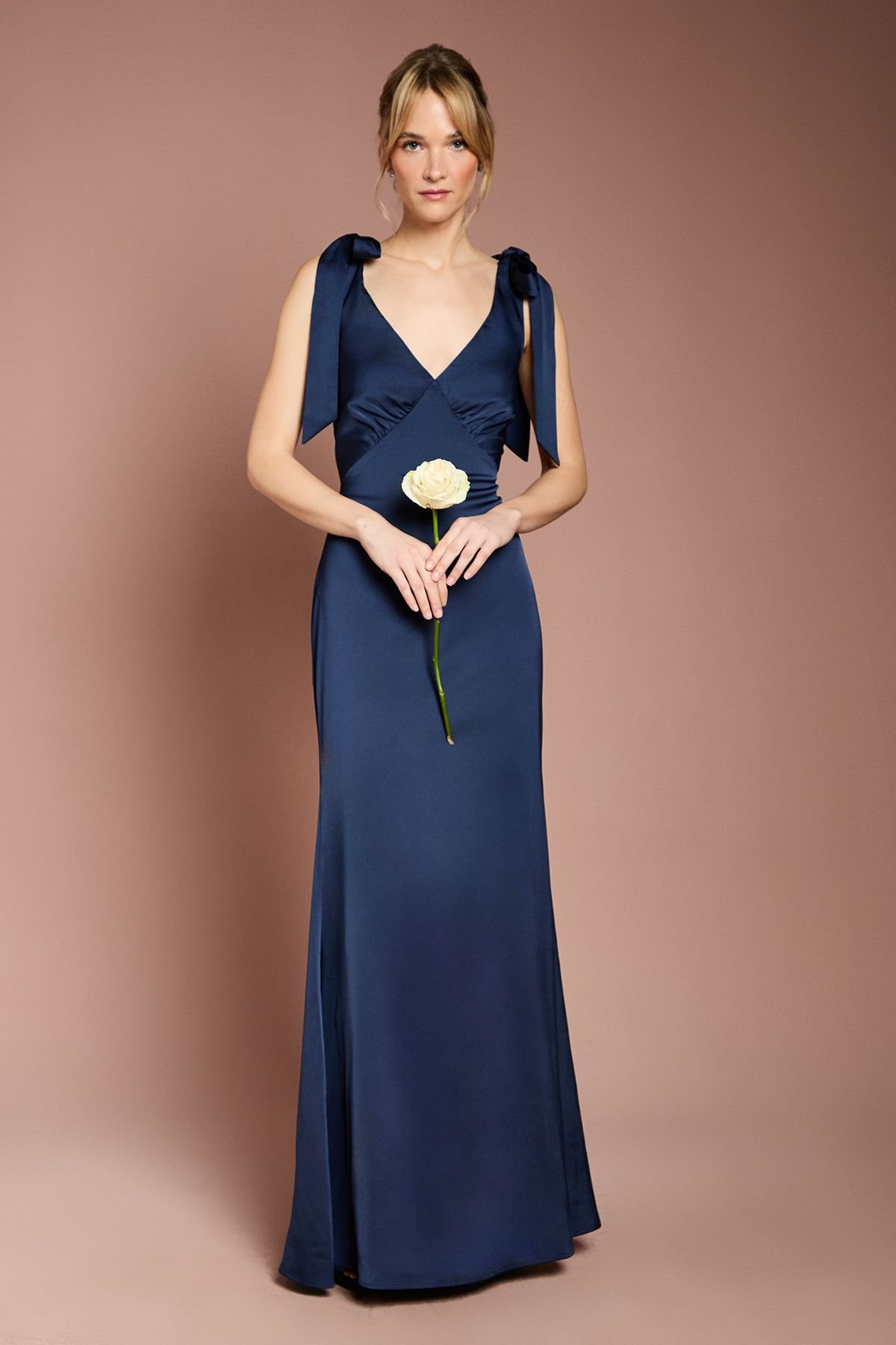 Coast Coast Women's Honoured Satin Back Crepe V Neck Tie Shoulder Maxi Bridesmaid Dress in Navy - 2