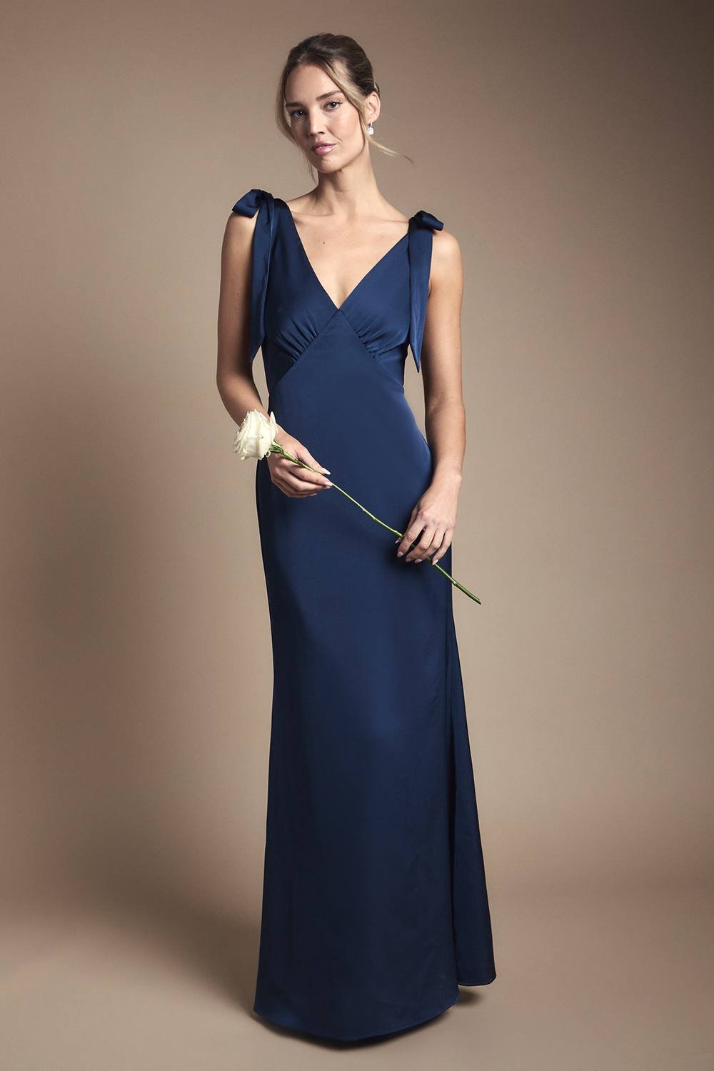 Coast Coast Women's Honoured Satin Back Crepe V Neck Tie Shoulder Maxi Bridesmaid Dress in Navy - 4