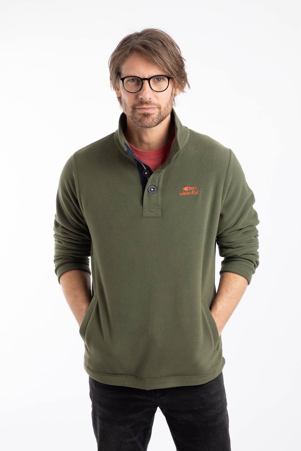 Weird Fish Weird Fish Men's Roald Button Funnel Neck Microfleece in Olive - 4