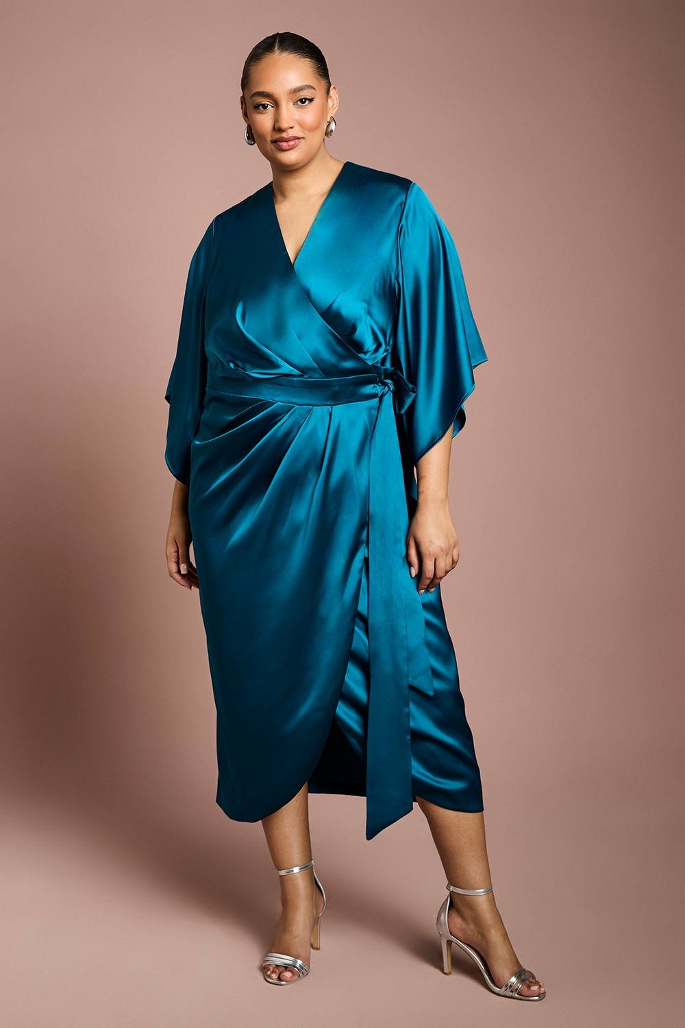 Coast Coast Women's Plus Satin Pleat Front Midi Wrap Dress in Teal - 2