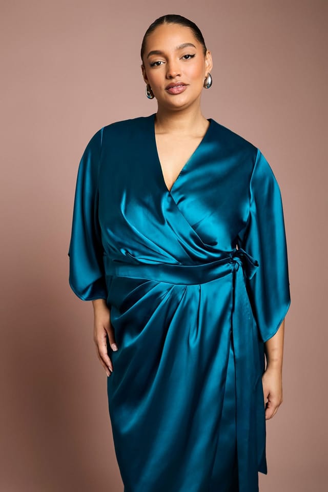 Coast Coast Women's Plus Satin Pleat Front Midi Wrap Dress in Teal - 2