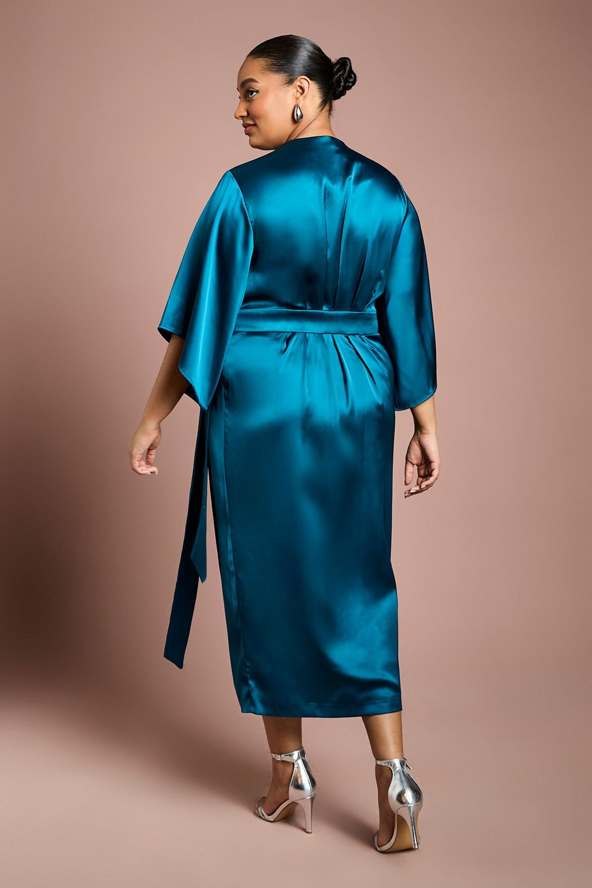 Coast Coast Women's Plus Satin Pleat Front Midi Wrap Dress in Teal - 3