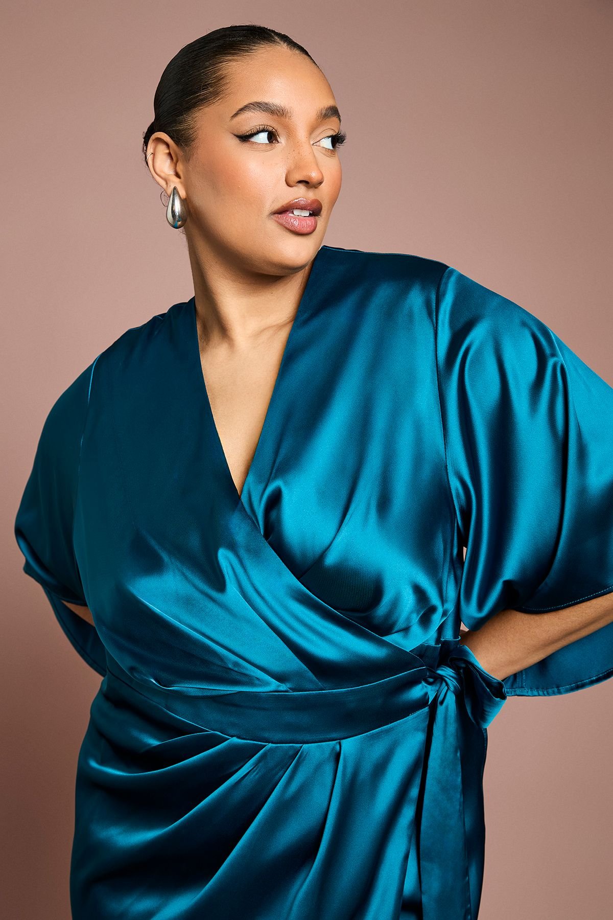 Coast Coast Women's Plus Satin Pleat Front Midi Wrap Dress in Teal - 4