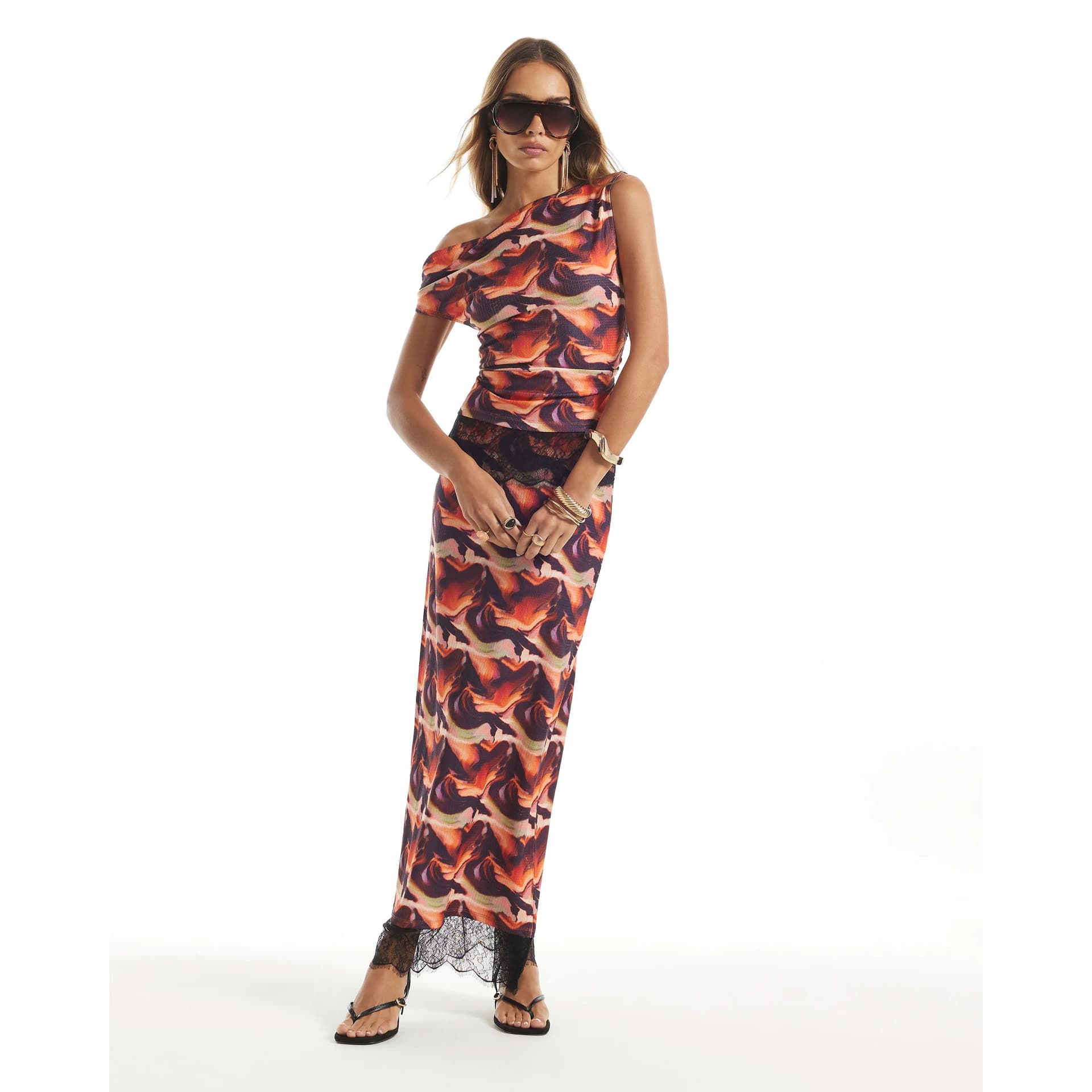 River Island River Island Womens Orange Lace Trim Blur Print Maxi Skirt