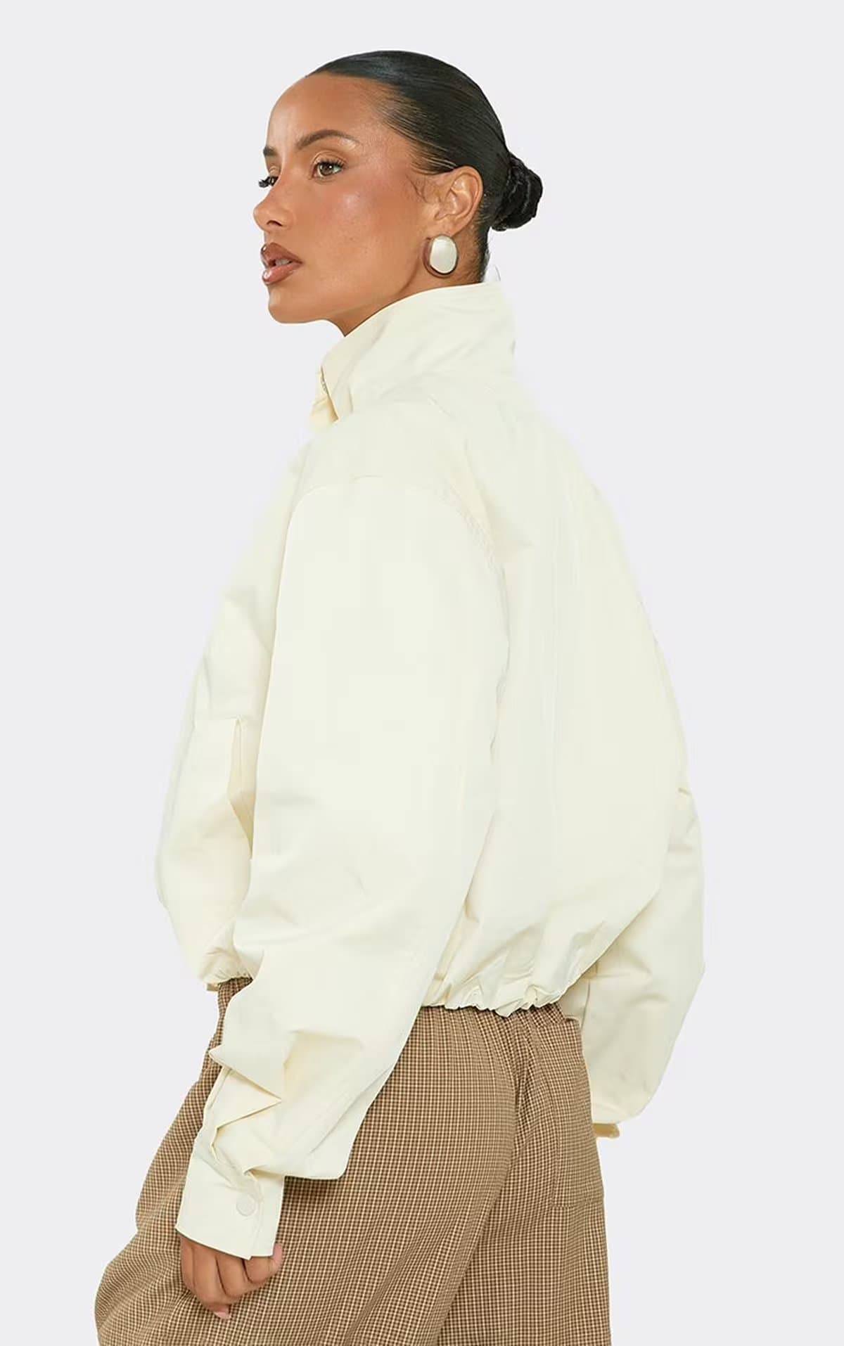 EGO Long Sleeve High Neck Button Front Bomber Jacket In Cream, Women's Size UK 6
