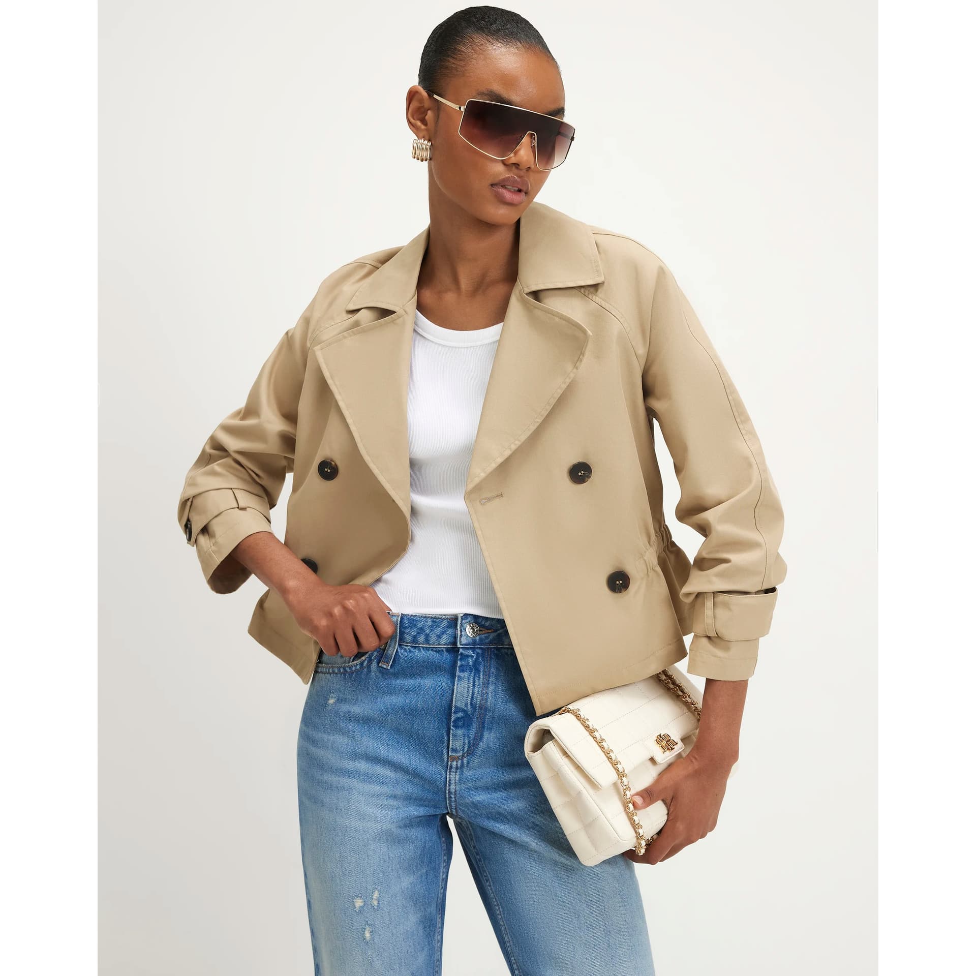 River Island River Island Womens Beige Waisted Cropped Trench Coat