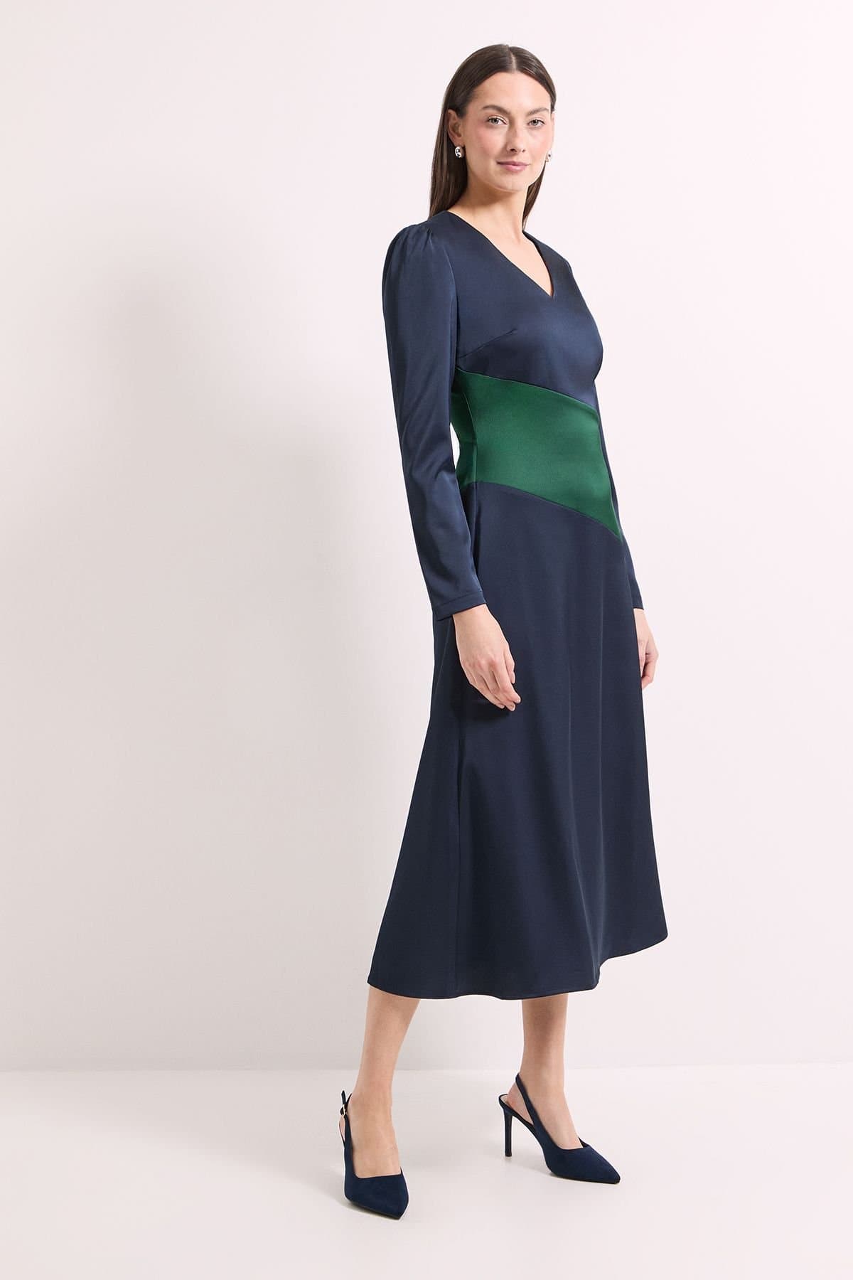 Principles Principles Women's Satin Colour Block Midi Dress in Navy