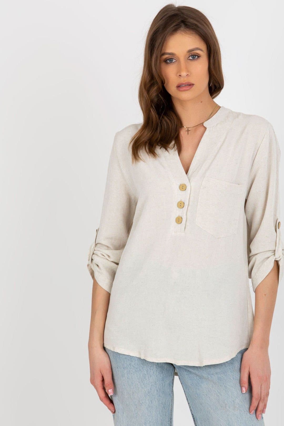 Love Lace Love Lace Beige Heart Neckline Blouse with Clasp Pocket