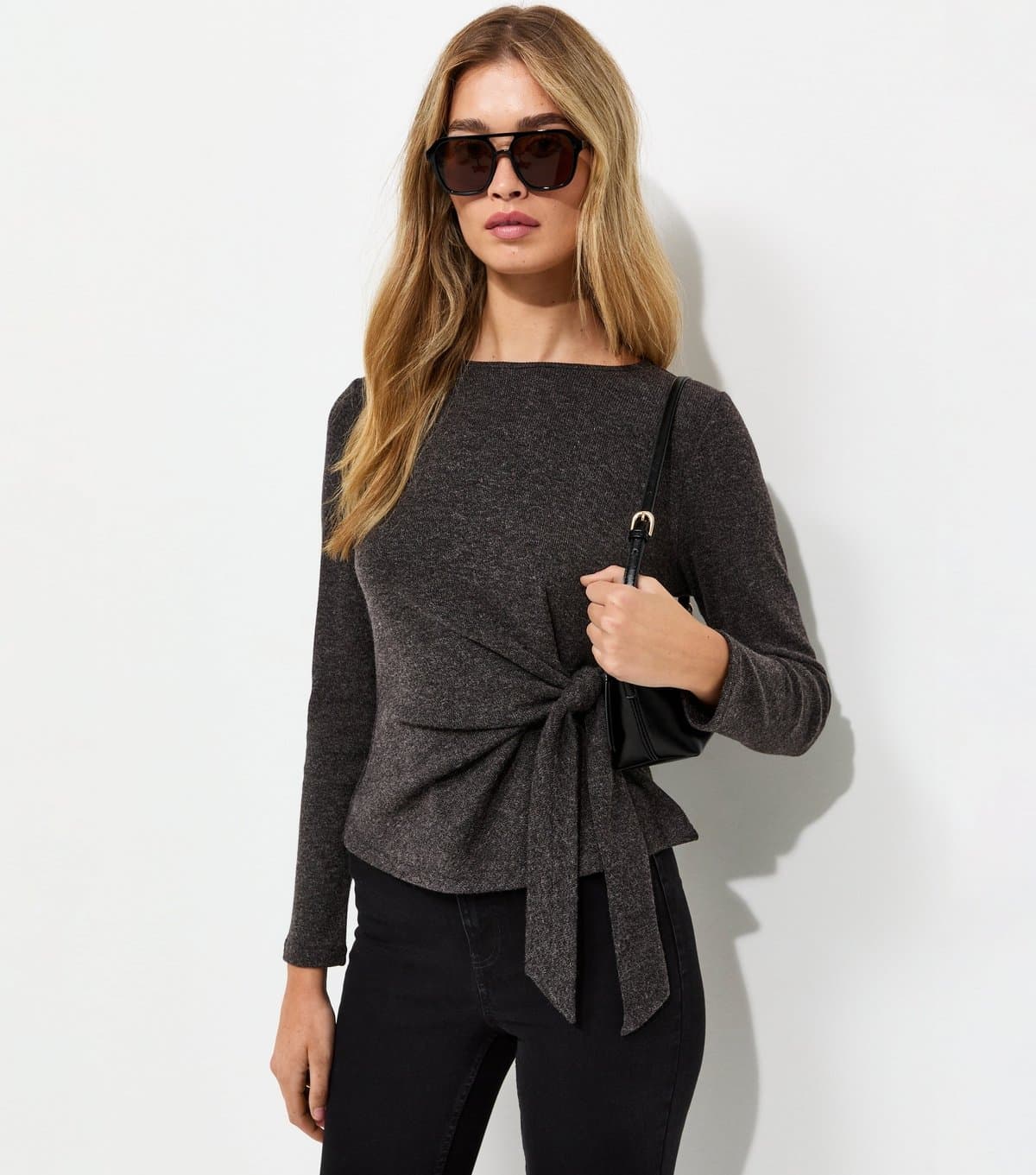 New Look Women's Tall Dark Grey Soft Touch Front Tie Long Sleeve Top New Look