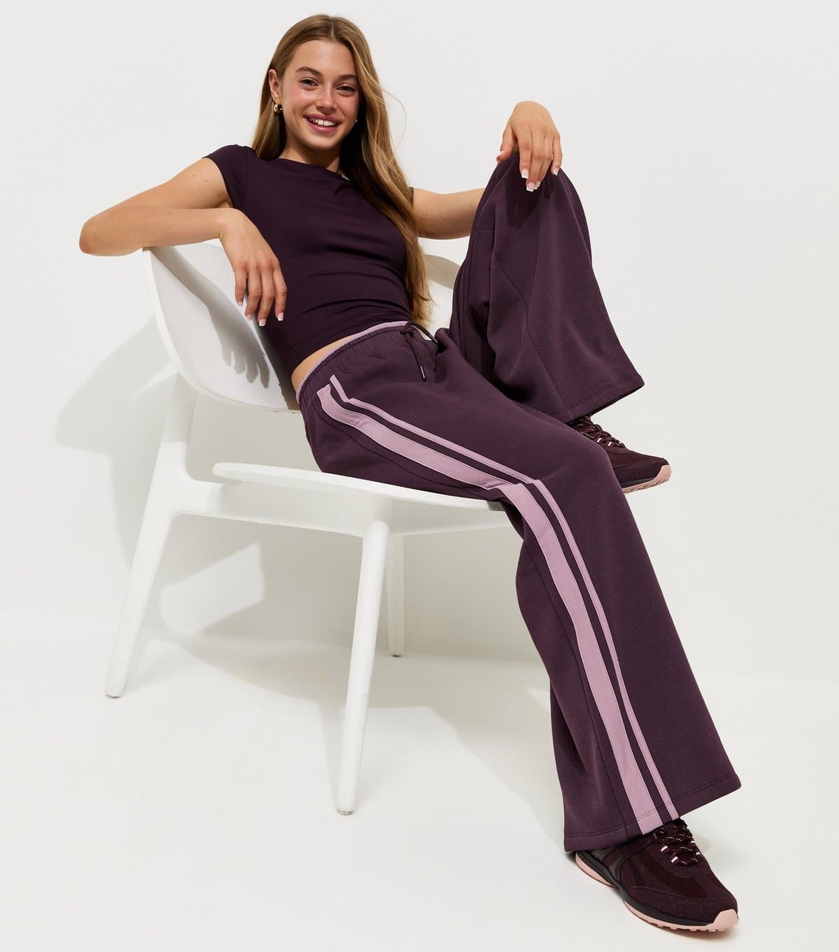 New Look Girls' Dark Purple Cotton Rich Side Stripe Super Wide Joggers New Look