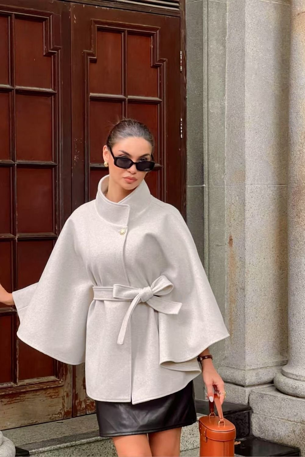 OUTTA BOX OUTTA BOX Women's Belted Sleeveless Wool Cape Coat in Beige - 4