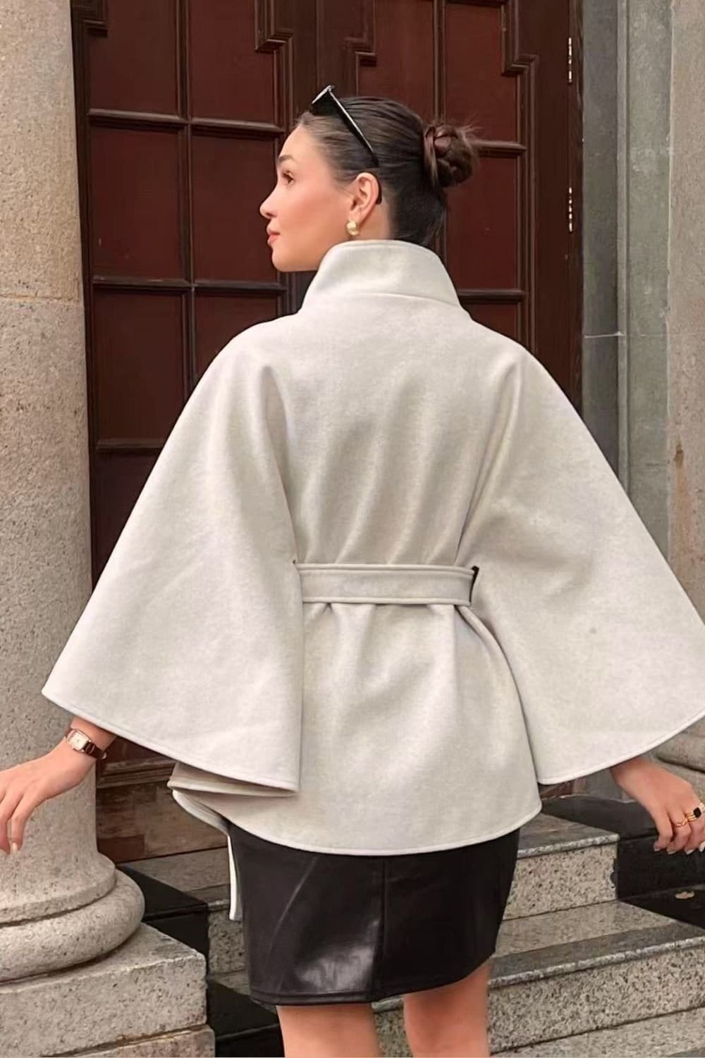 OUTTA BOX OUTTA BOX Women's Belted Sleeveless Wool Cape Coat in Beige - 4